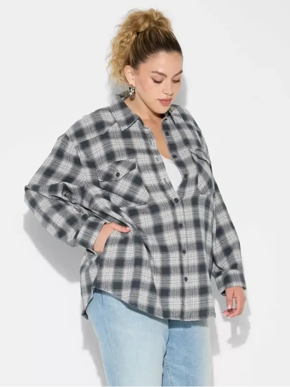 wild fable Black & Gray Plaid Button-Up Shirt XXL